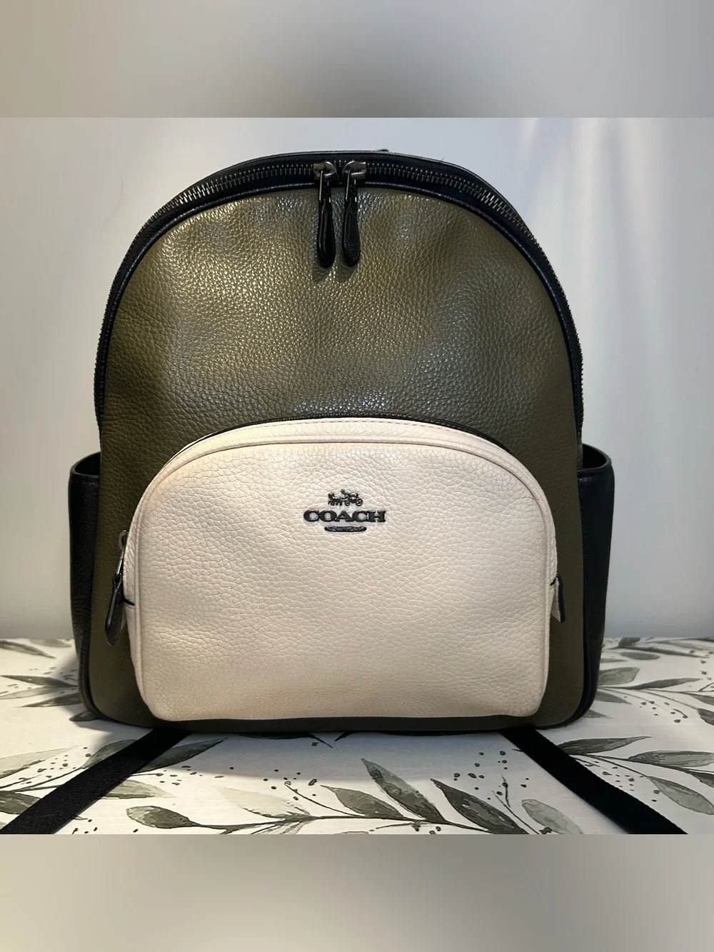 Coach Two-Tone Leather Backpack in Olive Green and Cream